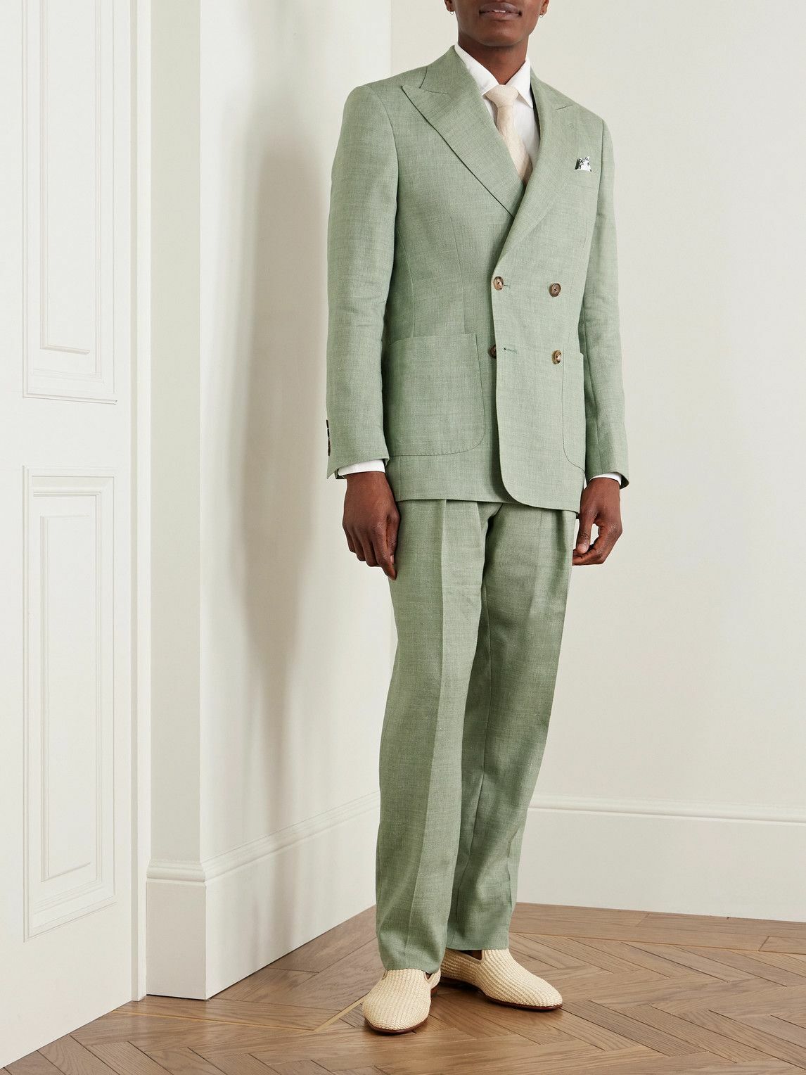 Richard James - Hepworth Double-Breasted Herringbone Linen and Wool-Blend Suit Jacket - Green