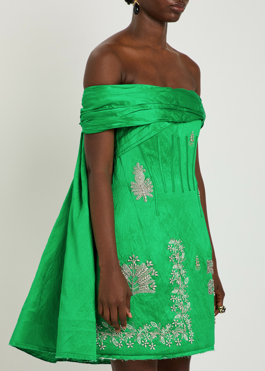 Erdem Embellished Off-the-shoulder Crinkled Satin Mini Dress Green