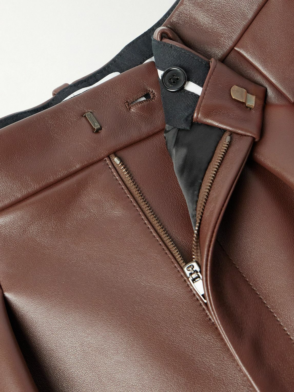 LOEWE - Straight-Leg Pleated Leather Tousers - Brown