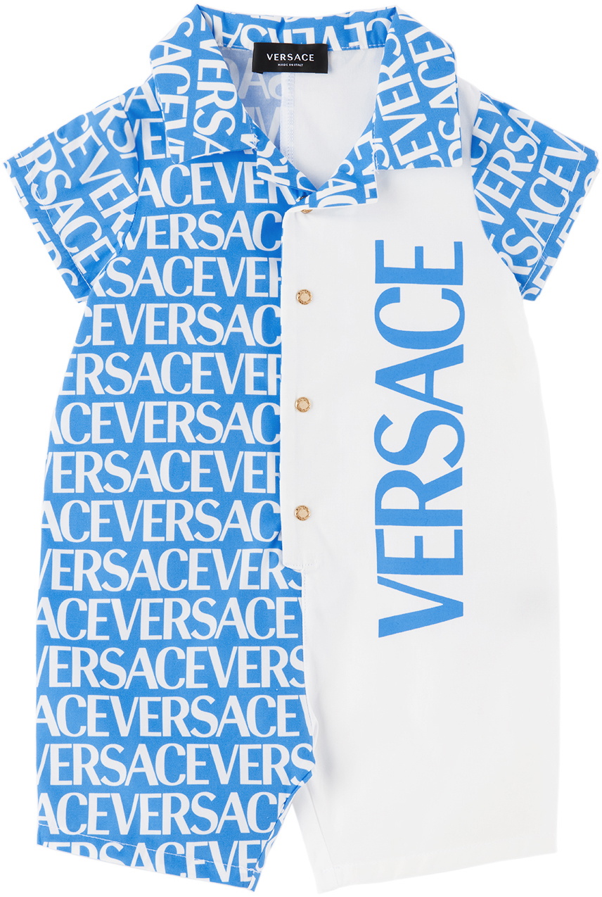 Versace Baby Blue & White Allover Romper Versace