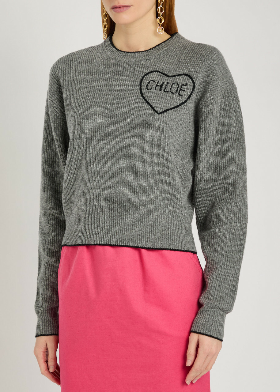 Chloe Logo Embroidered Wool and Cashmere-blend Jumper Grey