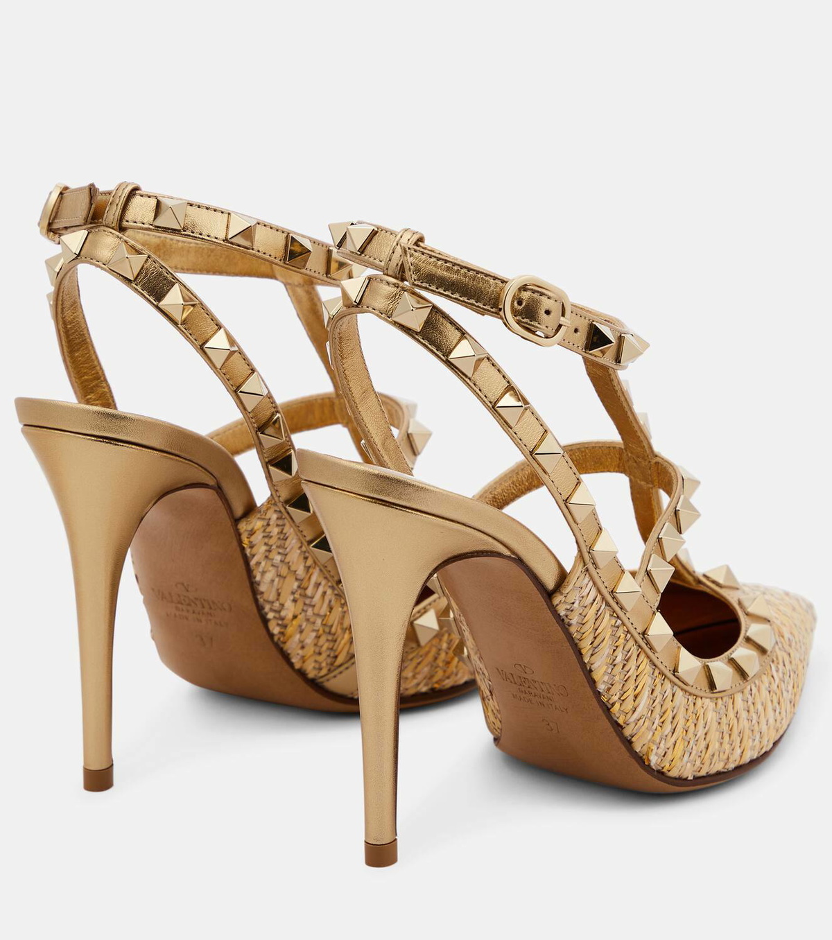 【VALENTINO GARAVANI】60 llic raffia and レザー サンダル VALENTINO GARAVANI Raffia Calfskin Rockstud 60mm Caged Slide
