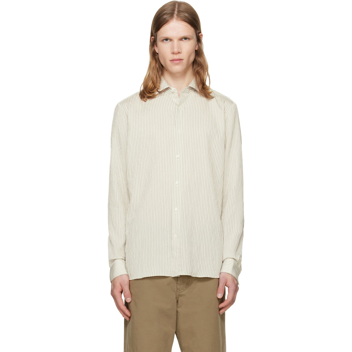 Hugo Beige Striped Seersucker Modern-Fit Shirt