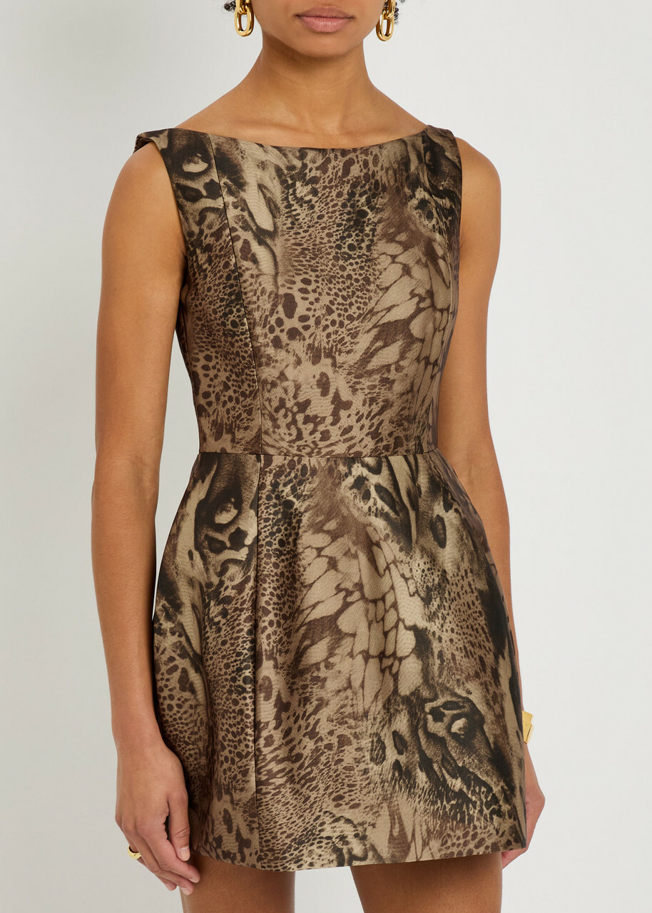 DE LA Vali Pampero Leopard-print Satin-twill Mini Dress Brown