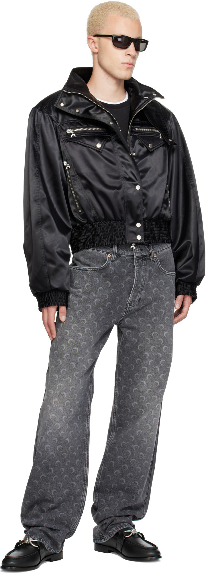 Marine Serre Black Satin Nylon Bomber Jacket