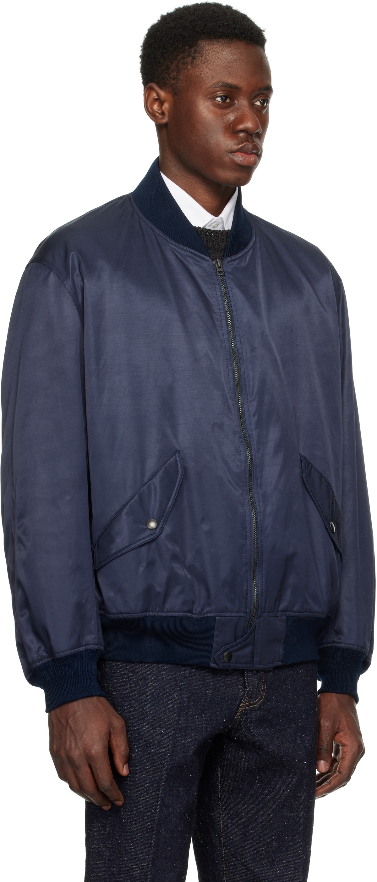 KAPTAIN SUNSHINE Navy USA Cotton Satin Flight Bomber Jacket 