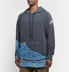 Greg Lauren - Panelled Distressed Loopback Cotton-Jersey and Denim Hoodie - Blue