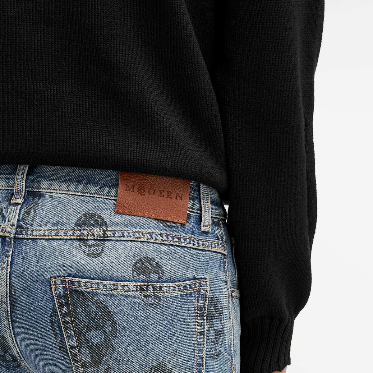 Alexander McQueen Men's Skull Print Jeans in Blue Washed Alexander