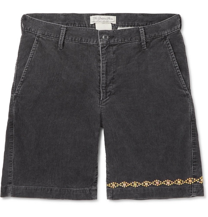 Photo: Remi Relief - Slim-Fit Embellished Cotton-Blend Corduroy Shorts - Gray