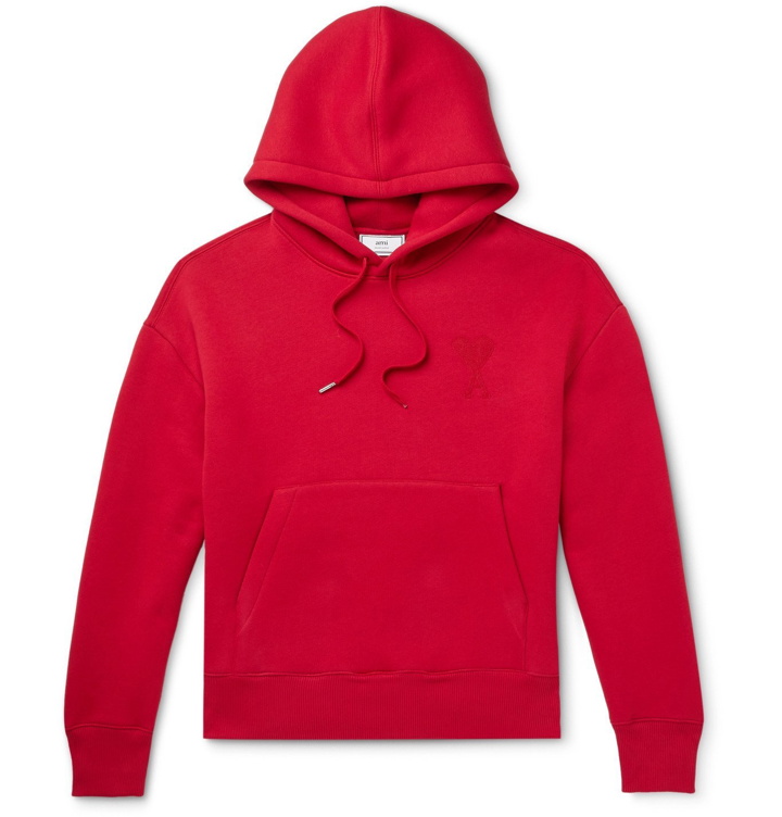 Photo: AMI - Logo-Appliquéd Cotton-Blend Jersey Hoodie - Red