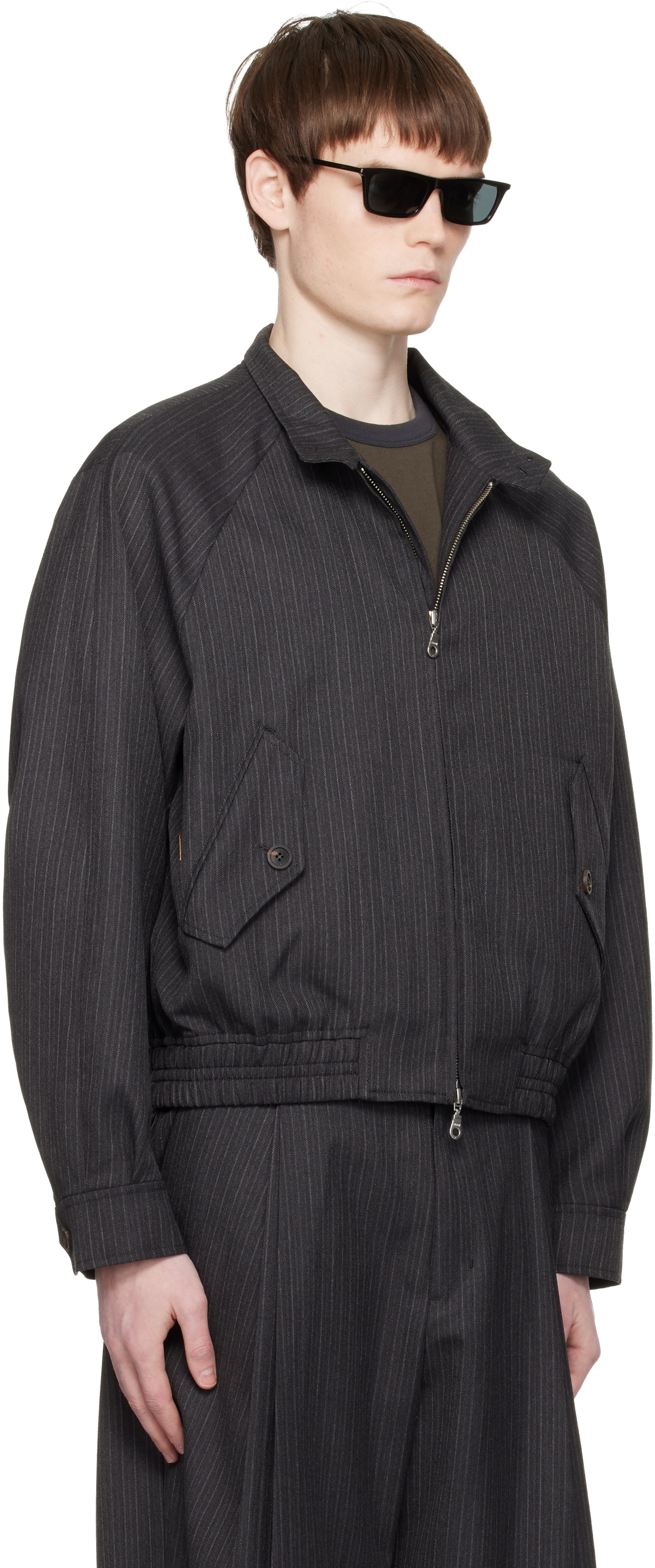 COOR Gray Striped Wool Blend Harrington Jacket