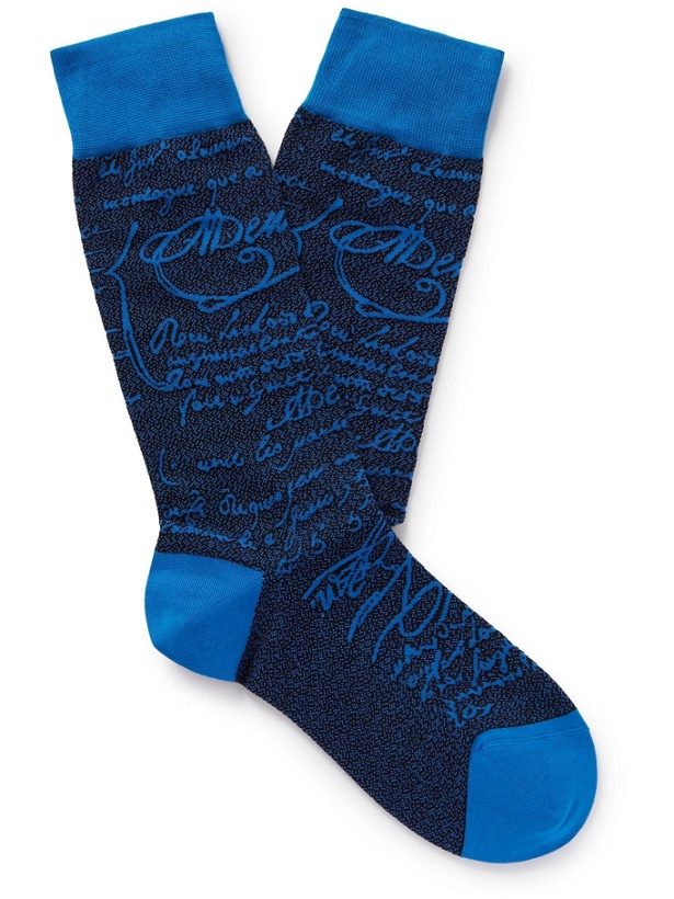 Photo: Berluti - Scritto Cotton and Nylon-Blend Jacquard Socks - Blue