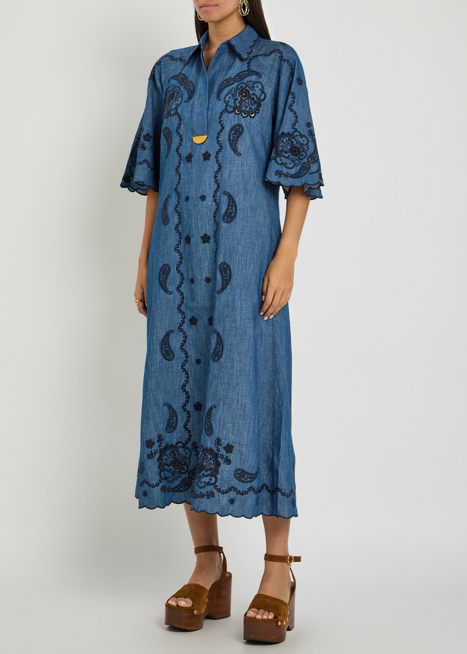 Zimmermann Aster Embroidered Denim Midi Dress Blue