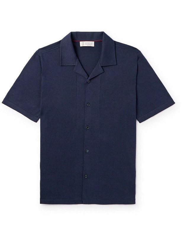Photo: Brunello Cucinelli - Slim-Fit Camp-Collar Ribbed Cotton Shirt - Blue