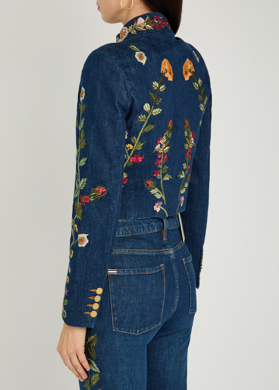 Alice + Olivia Emerson Floral-embroidered Stretch-denim Jacket Blue