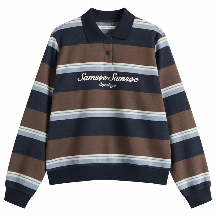 Photo: Samsøe Samsøe Women's Sadory Long Sleeve Polo in Brown Blue Stripe