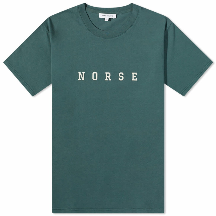 Photo: Norse Projects Men's Johannes Varsity Logo T-Shirt in Varsity Green