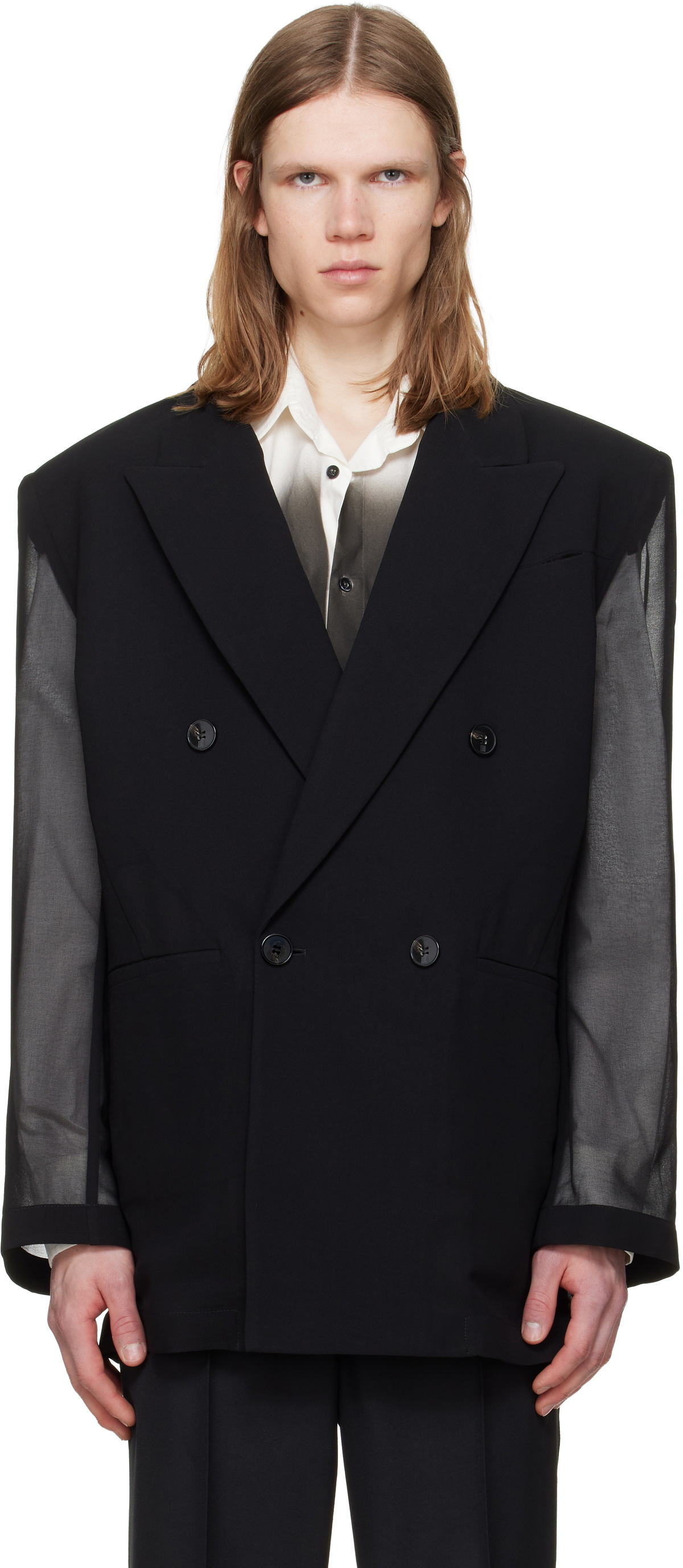 LGN Louis Gabriel Nouchi Black 4-Button Double-Breasted Sheer Blazer