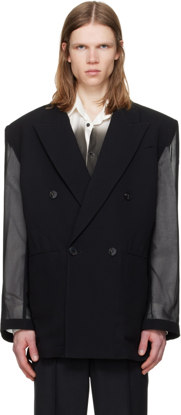 Photo: LGN Louis Gabriel Nouchi Black 4-Button Double-Breasted Sheer Blazer