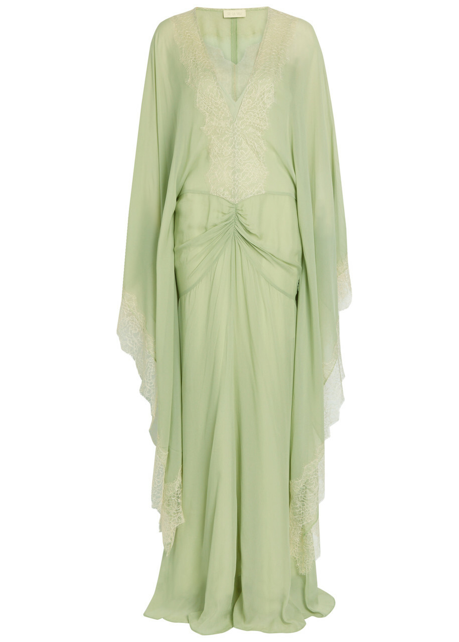 DE LA Vali Evita Lace-trimmed Draped Georgette Maxi Dress Light Green