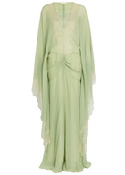 DE LA Vali Evita Lace-trimmed Draped Georgette Maxi Dress Light Green