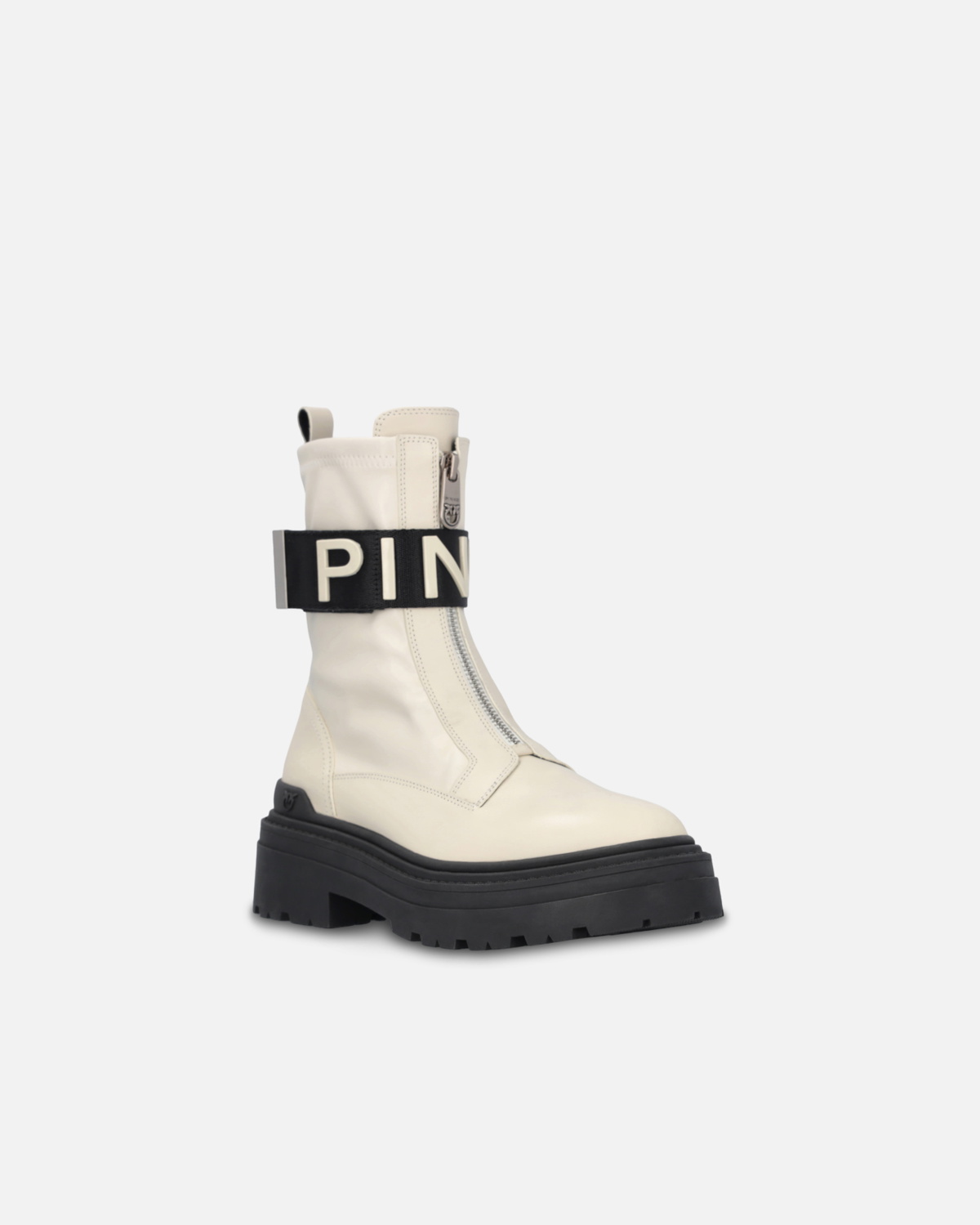 Pinko Leather Combat Boots With Branded Front Stretch Ribbon Yoghurt