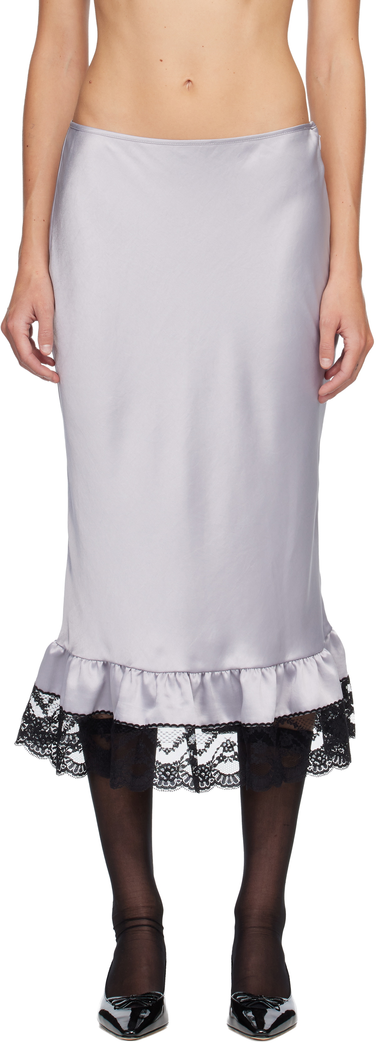 Anna Sui Silver Boudoir Satin Lace Midi Skirt
