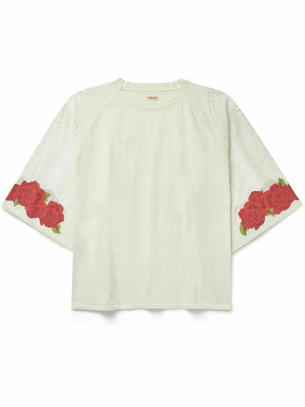 Photo: KAPITAL - Oversized Point D'esprit Tulle-Trimmed Floral-Print Cotton-Jersey T-Shirt - Neutrals