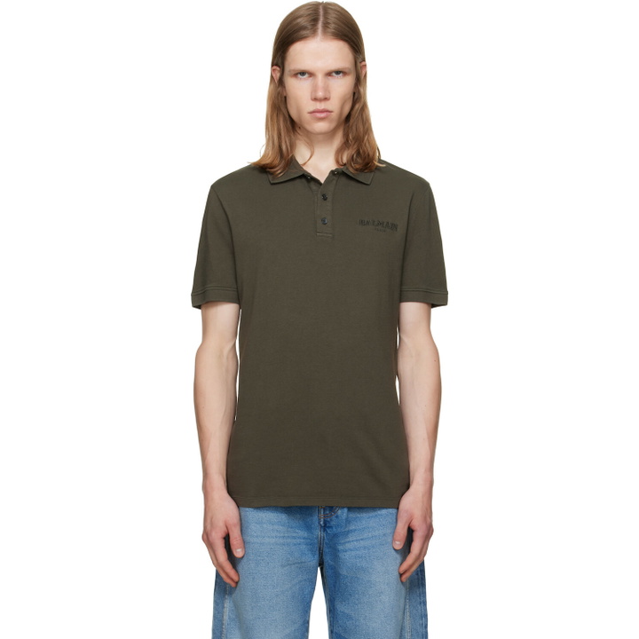 Photo: BALMAIN Khaki Small Vintage Embroidery Slim Fit Polo