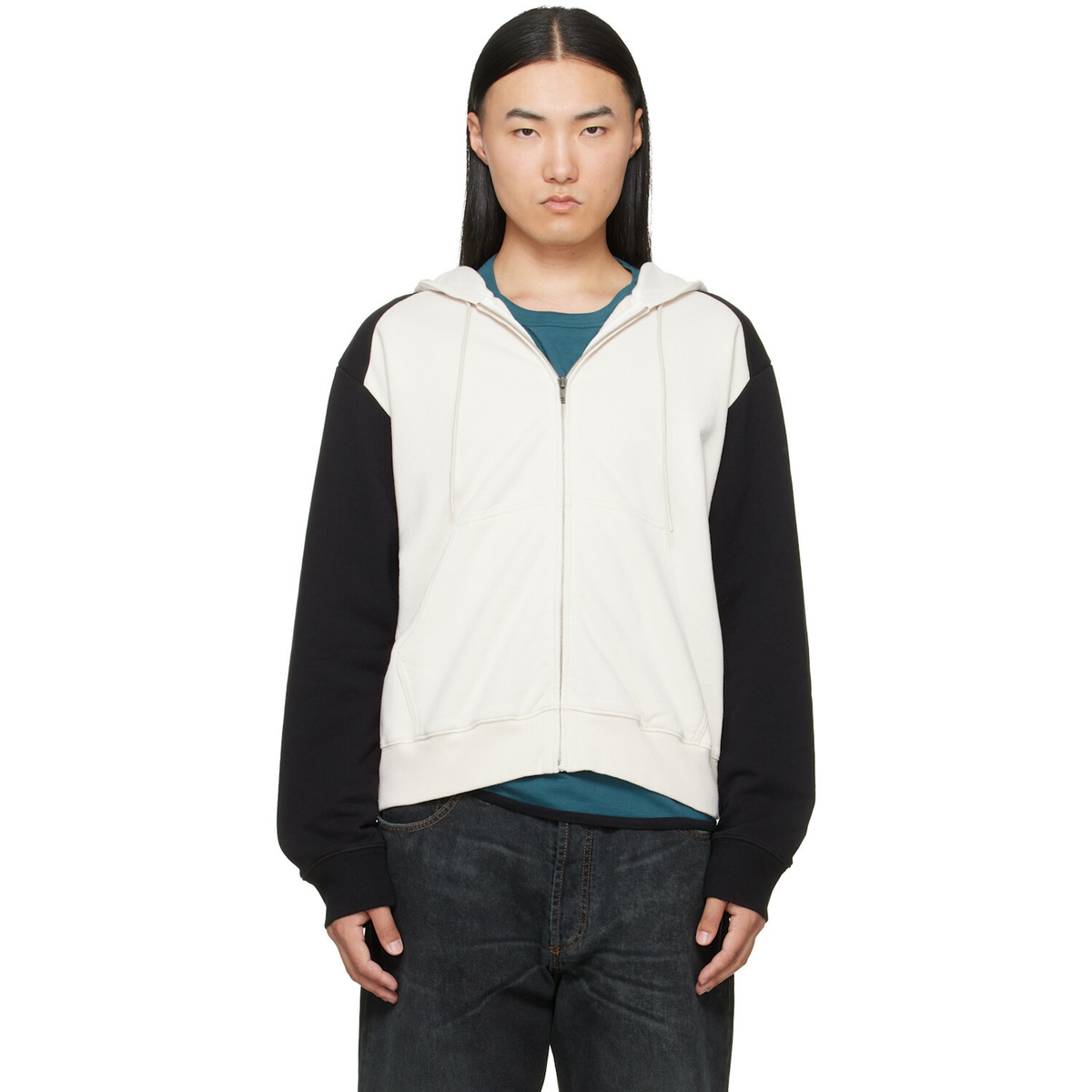 MM6 Maison Margiela Off-White & Black Paneled Zip-Up Hoodie