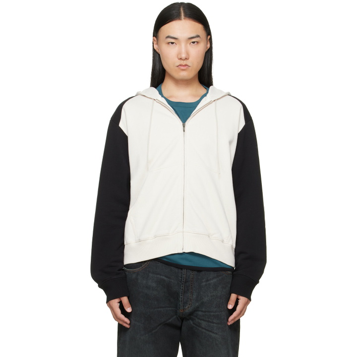 Photo: MM6 Maison Margiela Off-White & Black Paneled Zip-Up Hoodie