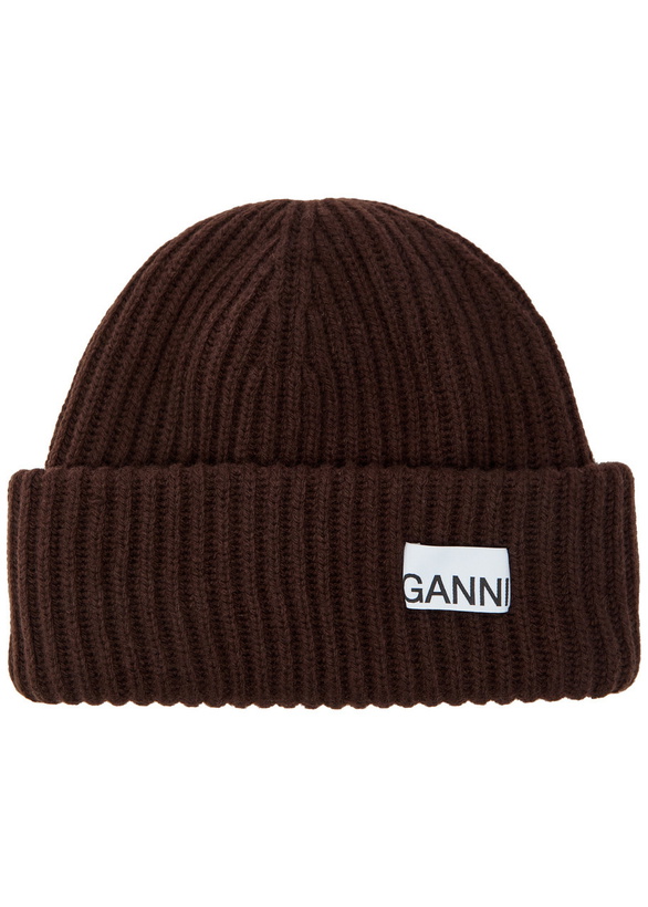 Photo: Ganni Logo-appliquéd Ribbed Wool-blend Beanie - Brown - One Size