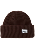 Ganni Logo-appliquéd Ribbed Wool-blend Beanie - Brown - One Size
