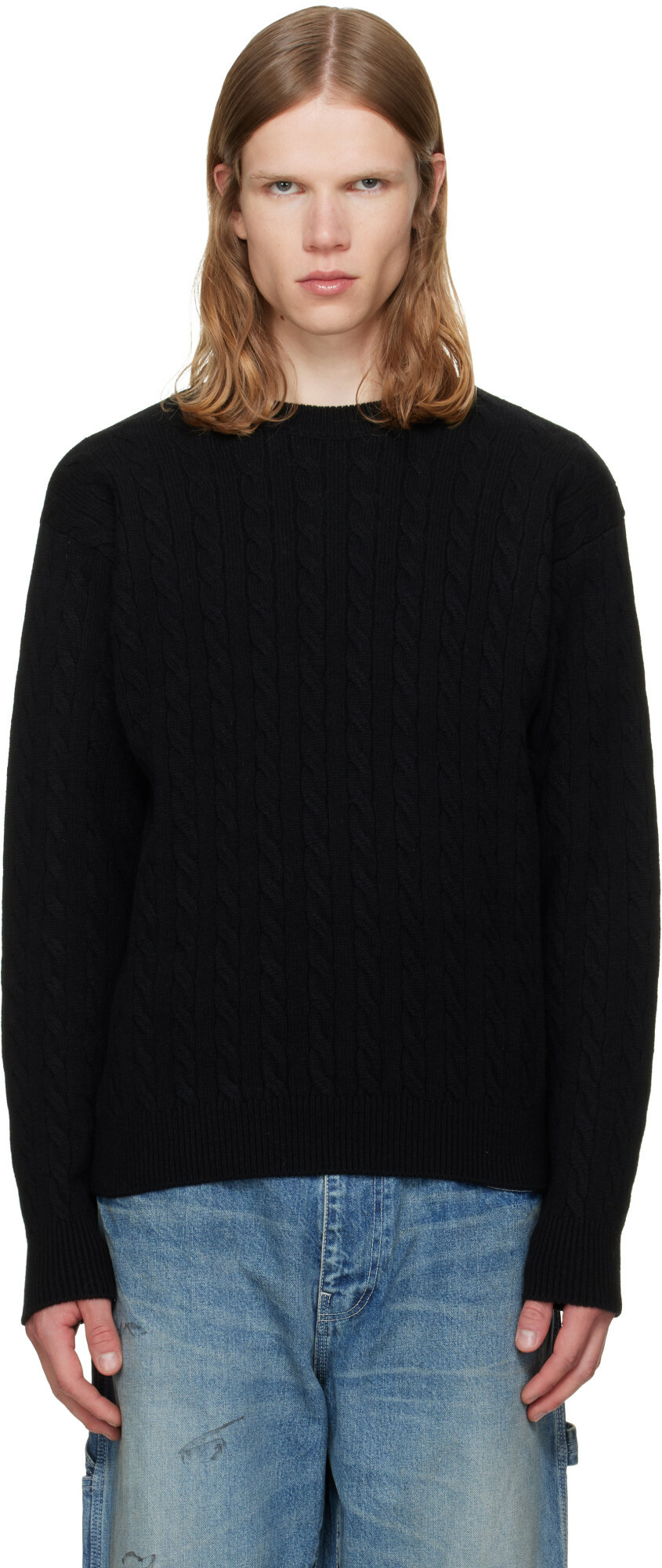 vowels Black Cable Knit Crewneck Sweater