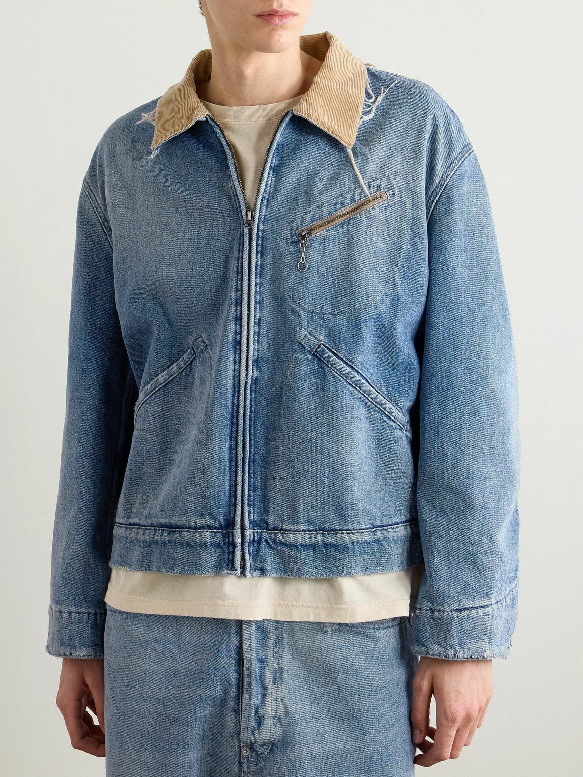 Maison Margiela - Distressed Corduroy-Trimmed Denim Jacket - Blue