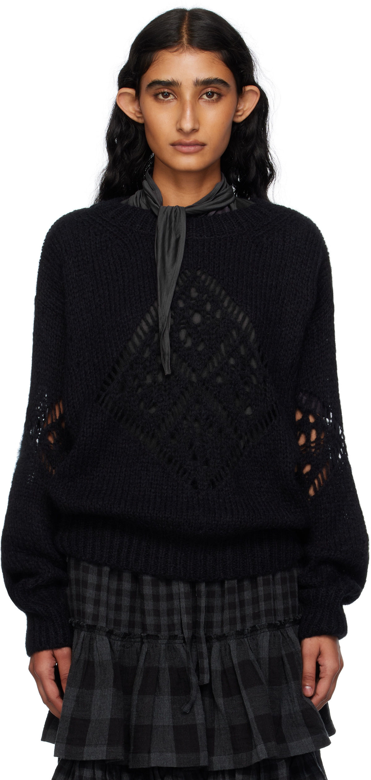 OPEN YY Black Alpaca Argyle Pointelle Sweater