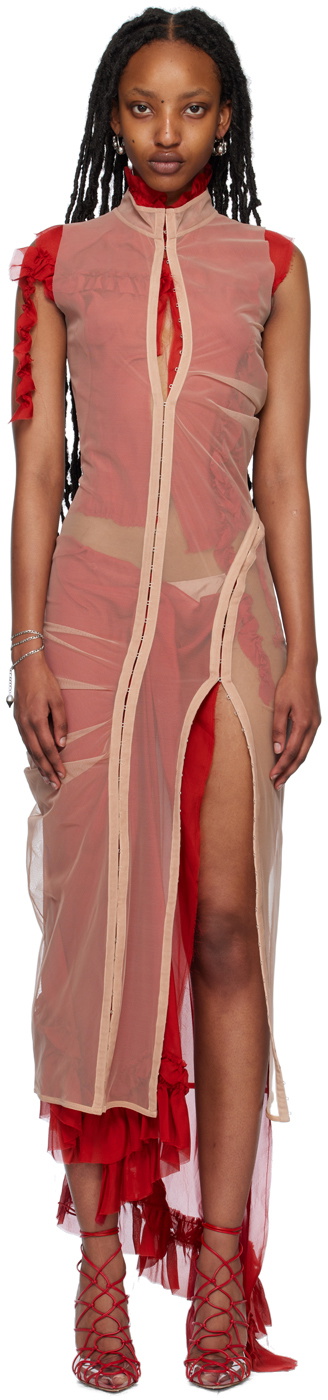 Dilara Findikoglu Beige & Red Dissolved Doll Midi Dress
