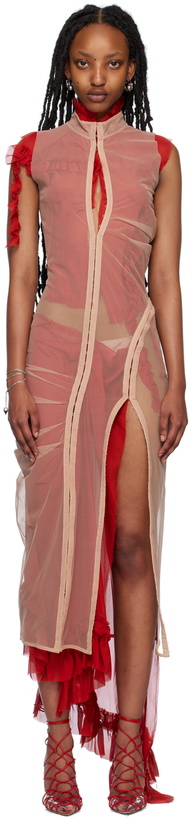 Photo: Dilara Findikoglu Beige & Red Dissolved Doll Midi Dress