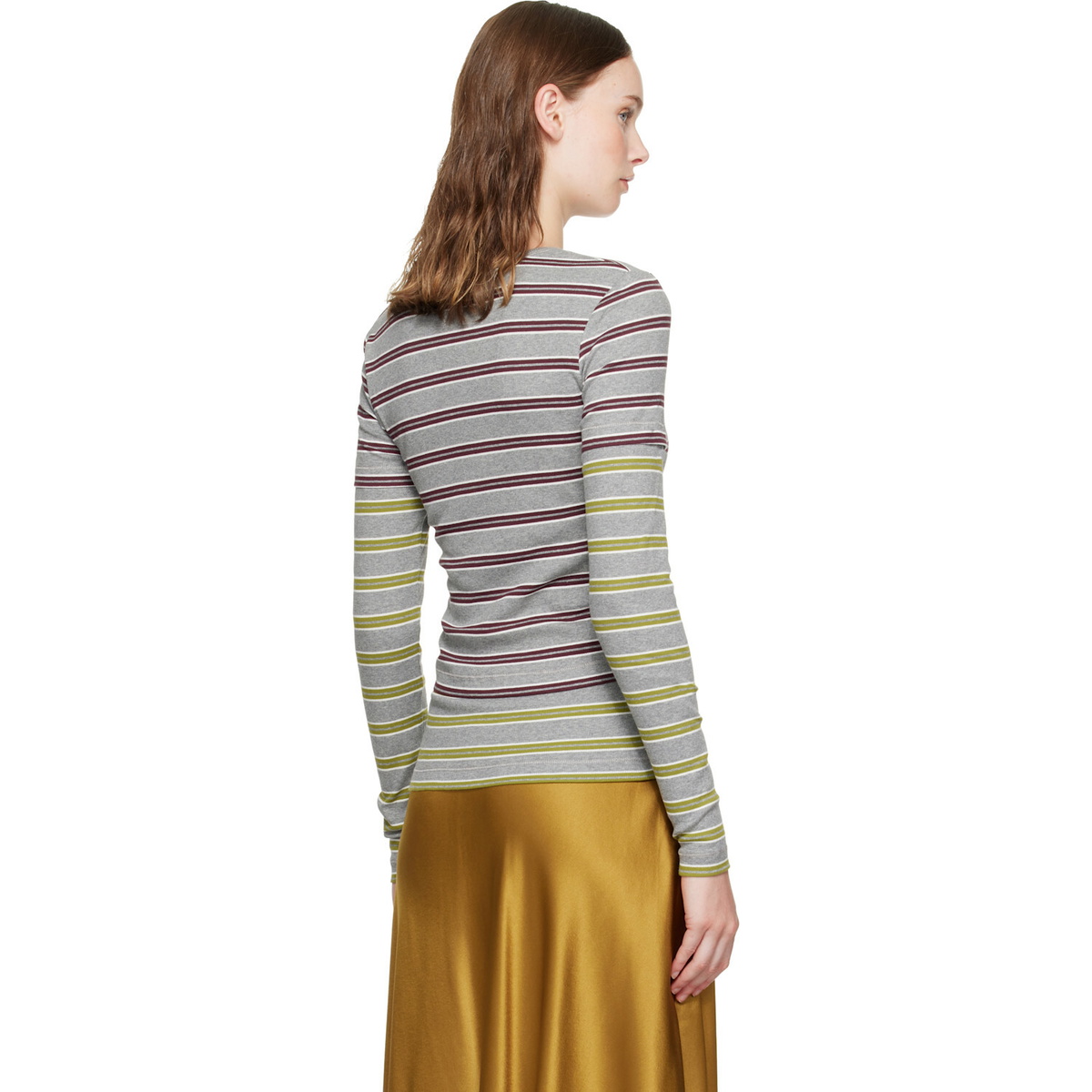 GANNI Gray & Red Double Stripe Long-Sleeve T-shirt