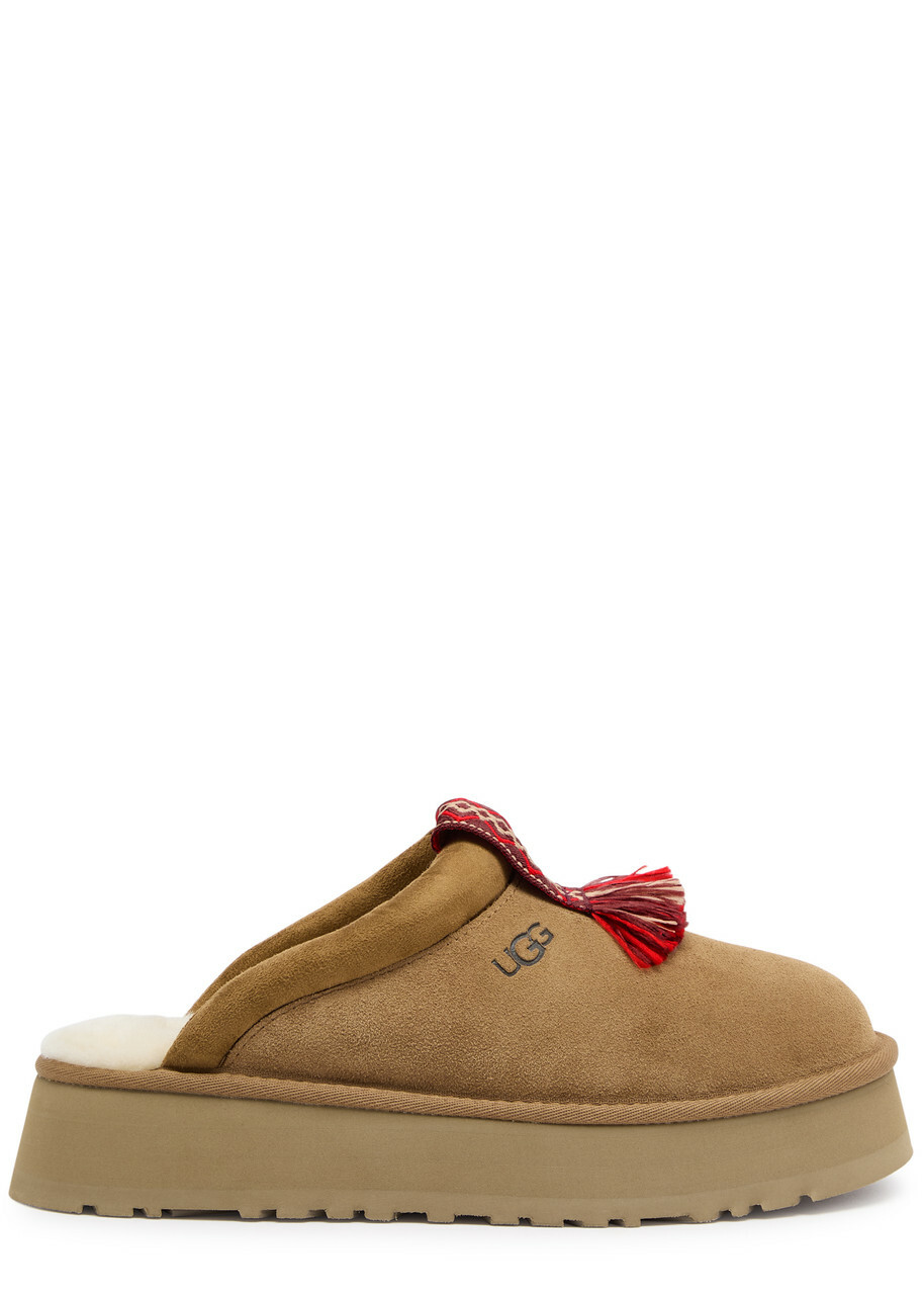 Ugg Tazzle Embroidered Suede Flatform Slippers Beige Ugg