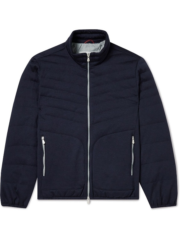 Photo: Brunello Cucinelli - Quilted Virgin Wool and Cashmere-Blend Down Bomber Jacket - Blue