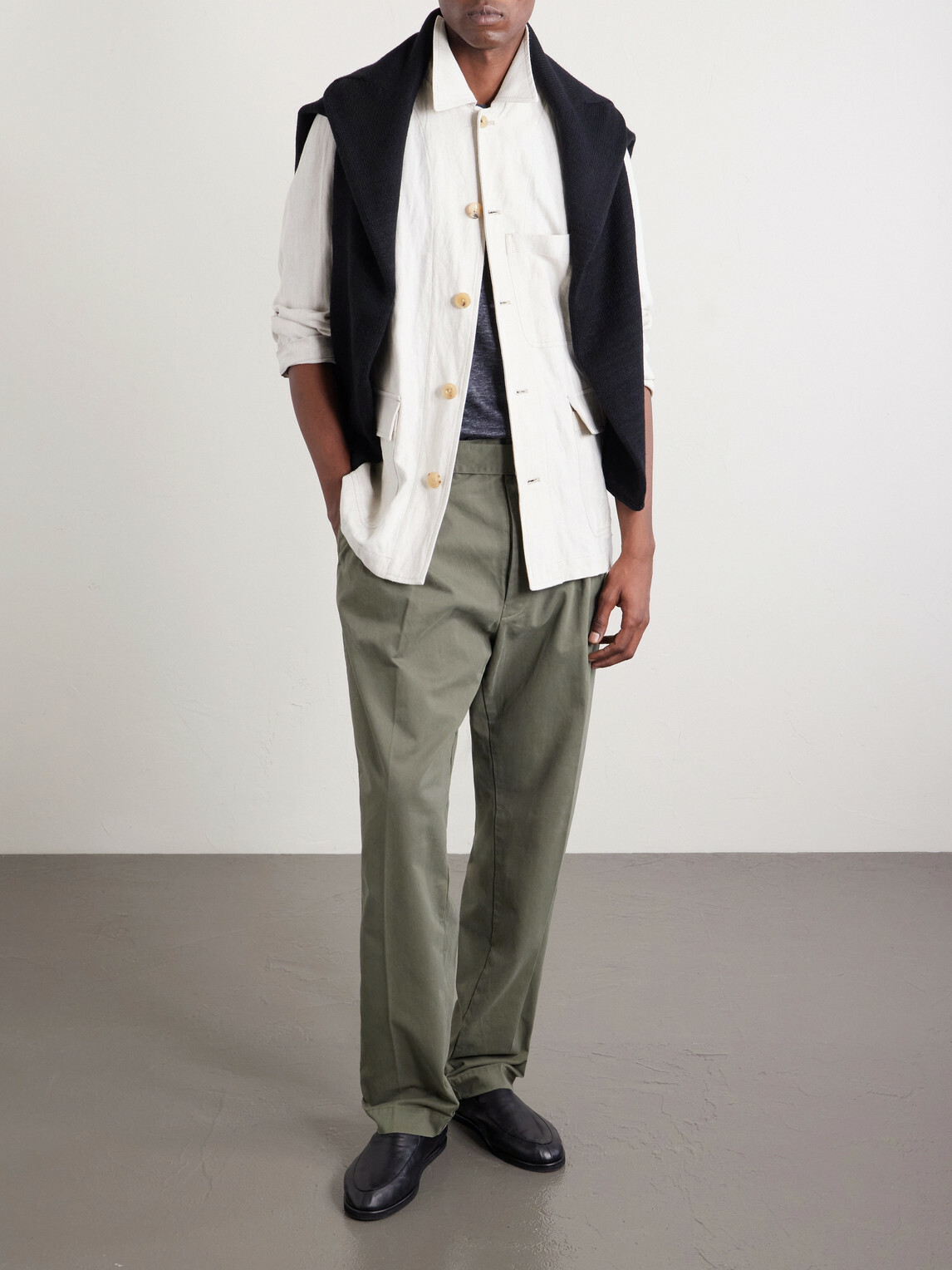 Officine Générale - Evans Wide-Leg Belted Pleated Organic Cotton-Twill Chinos - Green