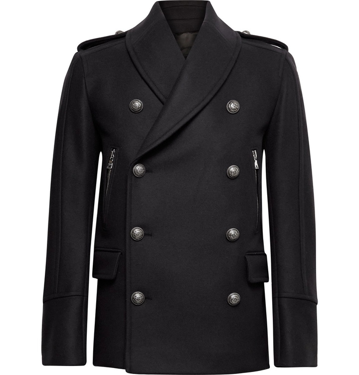 Photo: BALMAIN - Double-Breasted Virgin Wool-Blend Pea Coat - Blue