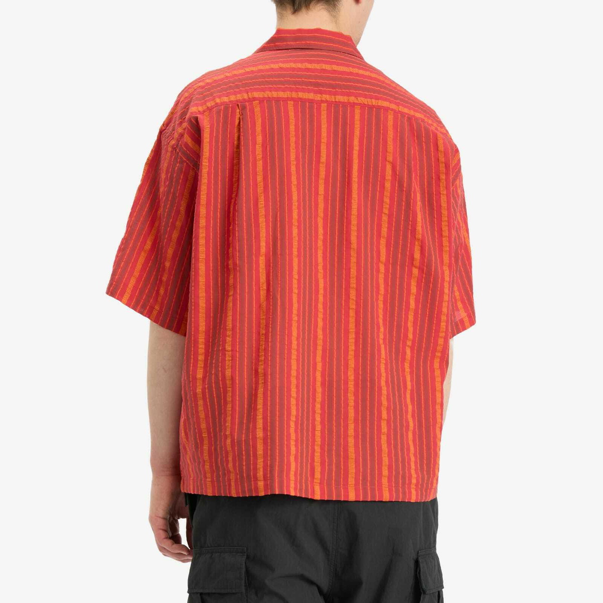 BEAMS Men's Stripe Open Collar Shirt in Red