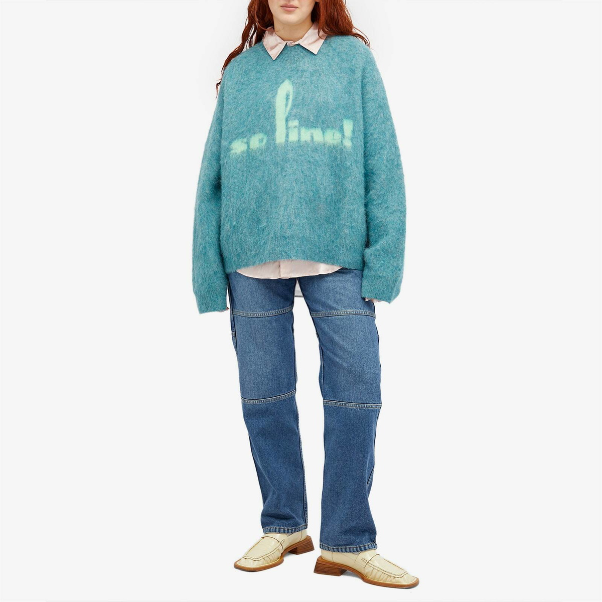 Martine Rose Women's Mohair V-neck Knit Jumper in Blue Teal