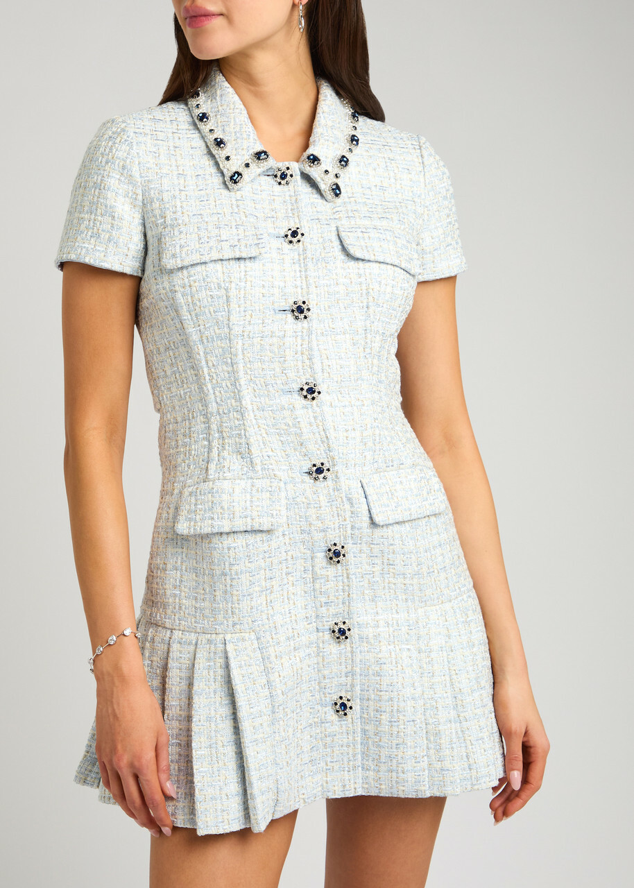 Self-portrait Embellished Metallic Tweed Mini Dress Blue