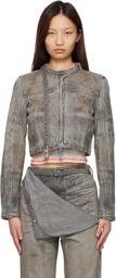 Diesel Gray Cropped Cotton-Hemp Satin Denim Jacket