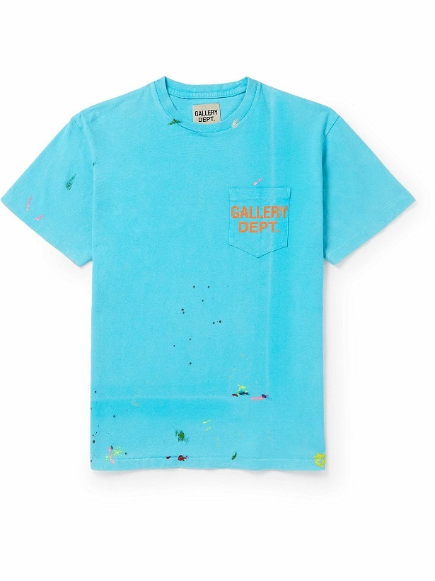 Photo: Gallery Dept. - Vintage Logo-Print Paint-Splattered Cotton-Jersey T-Shirt - Blue