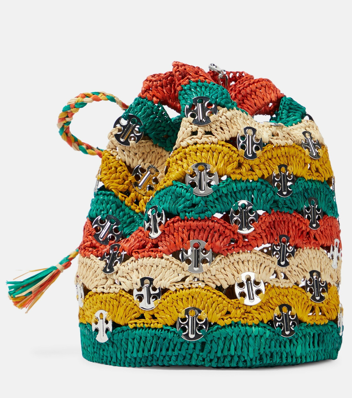 Sphere embellished bucket top handle bag