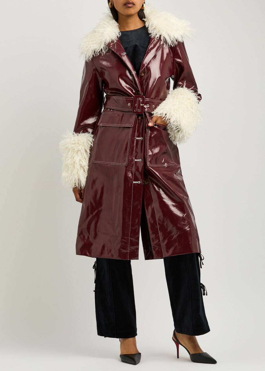 Kitri Simone Faux Shearling-trimmed Vinyl Coat Burgundy